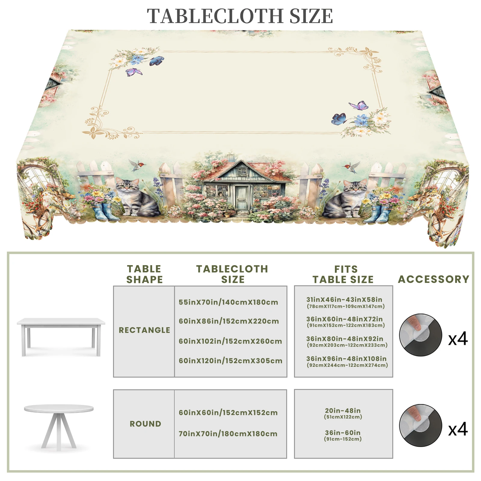 1 pezzo di tovaglie rotonde con stampa floreale in stile pastorale primaverile, 5 dimensioni, fiori, farfalle, conigli, tovaglie rettangolari con motivo stampa gatto, festival, tovaglie da cucina per la casa, uso interno ed esterno, decorazioni per la casa