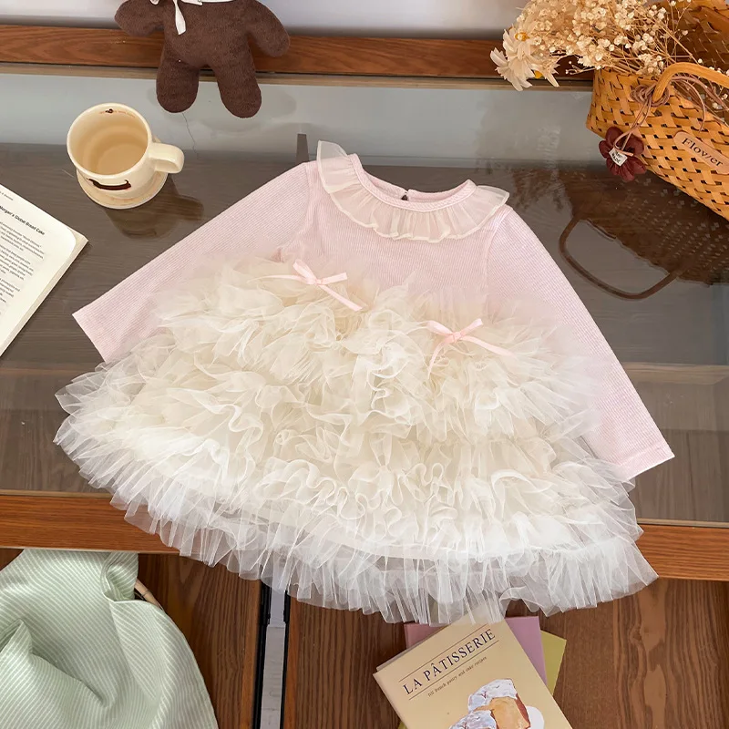 

Spot GoodsCQ2641Girls' Dress2026Spring New Arrival: Mesh Long-Sleeve Patchwork Dress for Girls