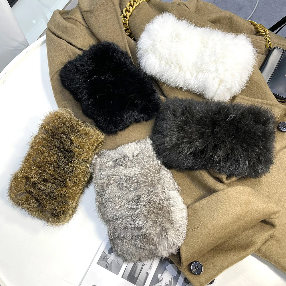 Winter Women Real Fur Handmade Stretch Fur Scarf Knit Genuine Rabbit Fur Headbands Girls Natural Fur Ring Cowl Snood Scarves