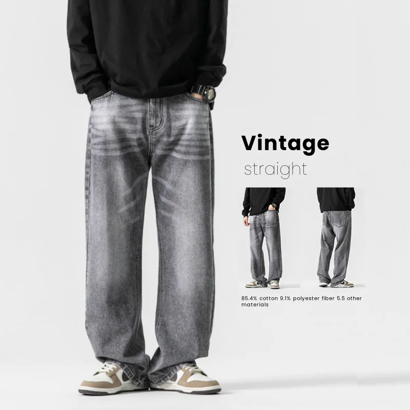 

Straight Vintage Jeans Men's 2025 Autumn Personality Fashion Korean Wide-leg Wash Loose Youth Denim Trousers Male