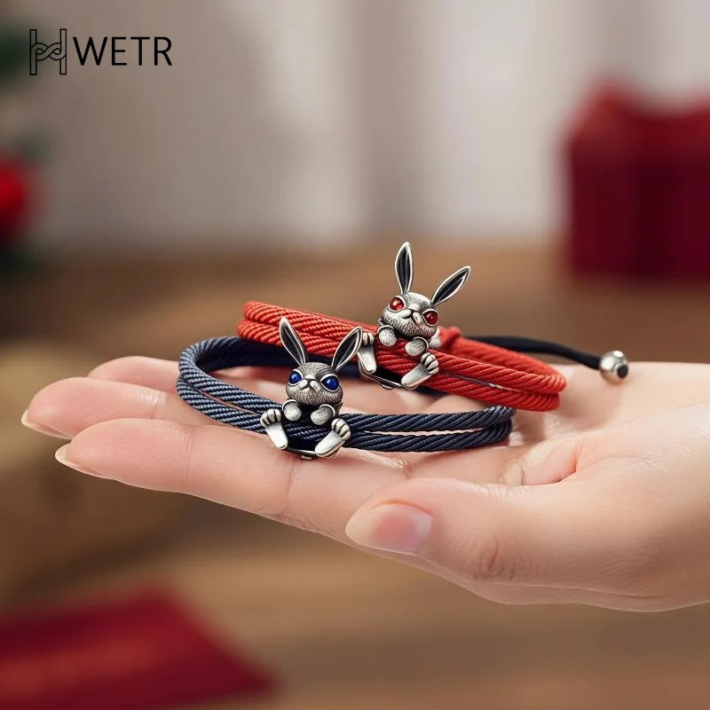 Chinese Zodiac Lucky Bracelet 925  Silver Frosted Rabbit Woven Hand Rope Adjustable for Birthday New Year Gift