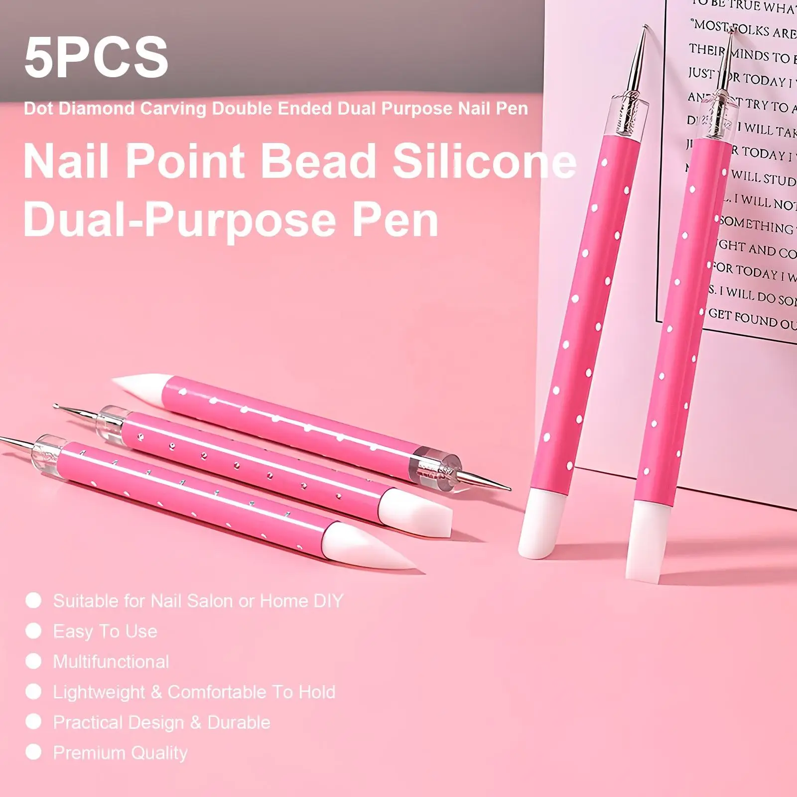 

5PCS Double-ended Silicone Head Carving Dotting Tools Nail Art Brushes Nail Sticker Gel Powder Brush Manicure DIY Tools