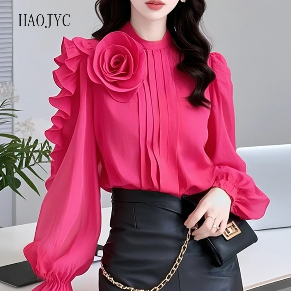 

French unique and beautiful design sense niche top high sense rose red three-dimensional rose shirt women's spring