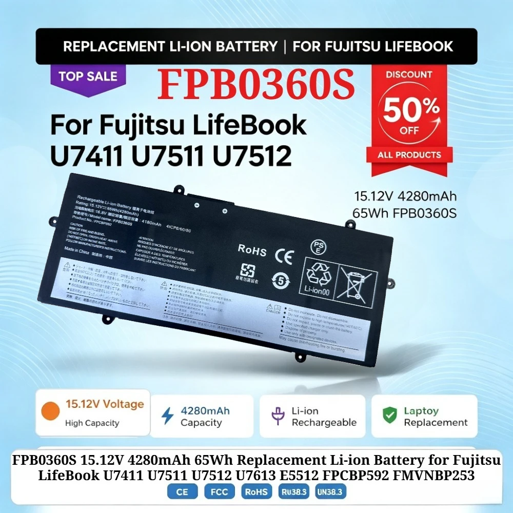 FPB0360S 15.12V 4280mAh 65Wh Replacement Li-ion Battery for Fujitsu LifeBook U7411 U7511 U7512 U7613 E5512 FPCBP592 FMVNBP253