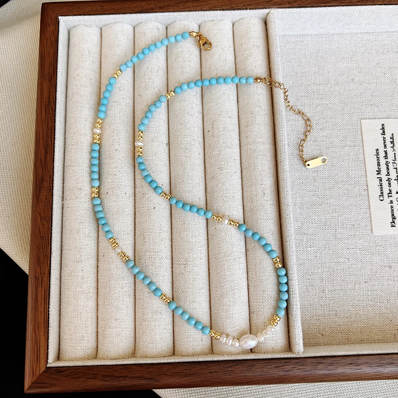 Elegante doppelschichtige geschichtete Nachahmung Türkis natürliche Perle Perlen Halskette trendigen Schmuck für Frauen Sexy Schlüsselbein Kette – Detail 11