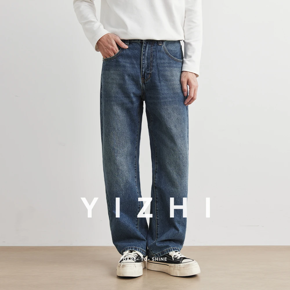 Blue Washed American Style Men's Jeans Straight Leg Loose Wide Leg Pants Retro Trendy Brand Casual Wear All Seasons Size Plus