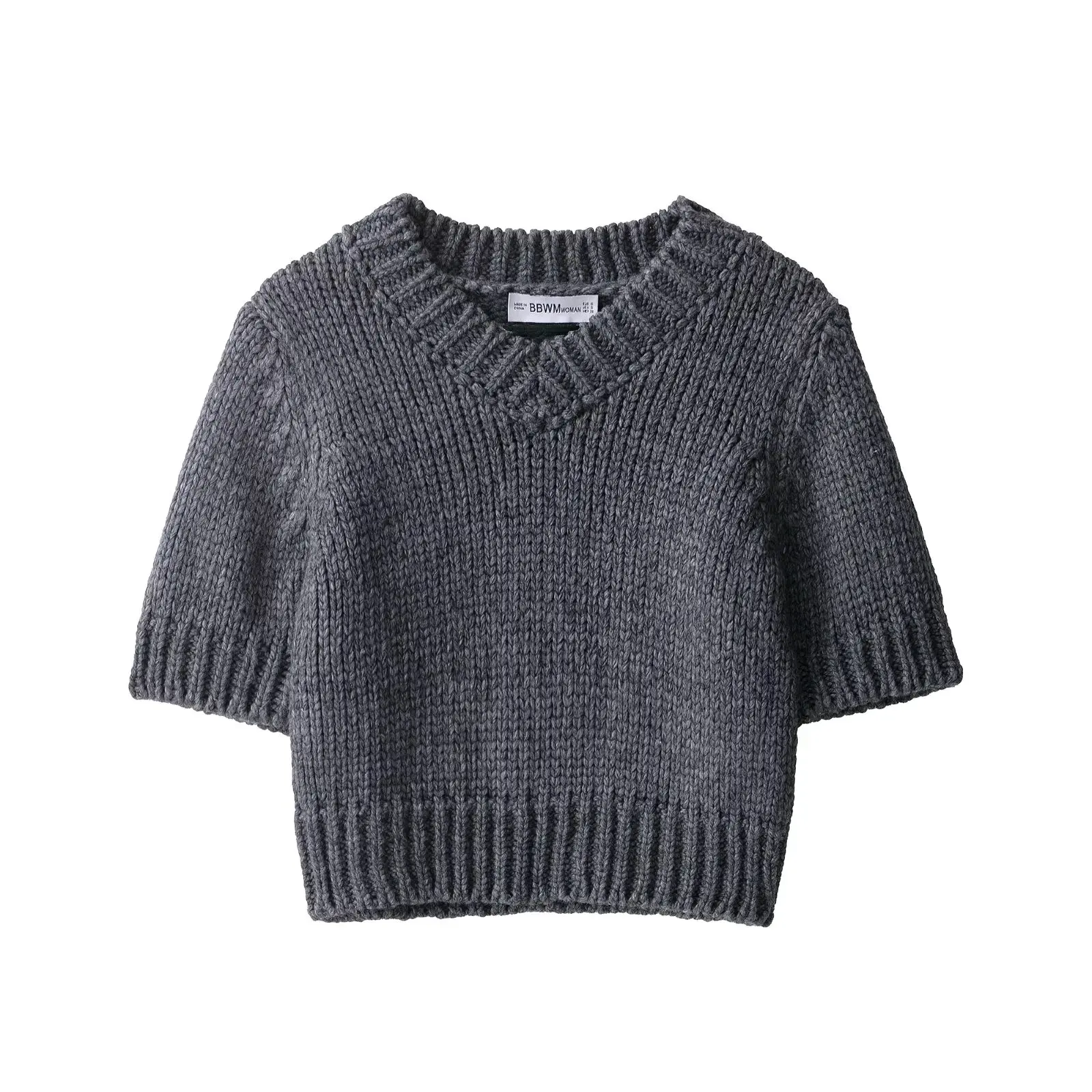 

New Arrival Women's Fashion Grey Cropped Knitted V-Neck Jumper 2025 Autumn V-Neck Short-Sleeved Pullover