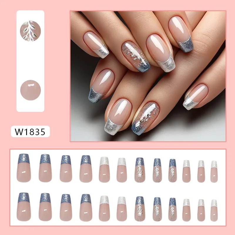 

24Pcs Medium Ballerina Press on Nails - French Blue with Silver Leaf Accents and Glitter Border | Elegant Luxurious Style
