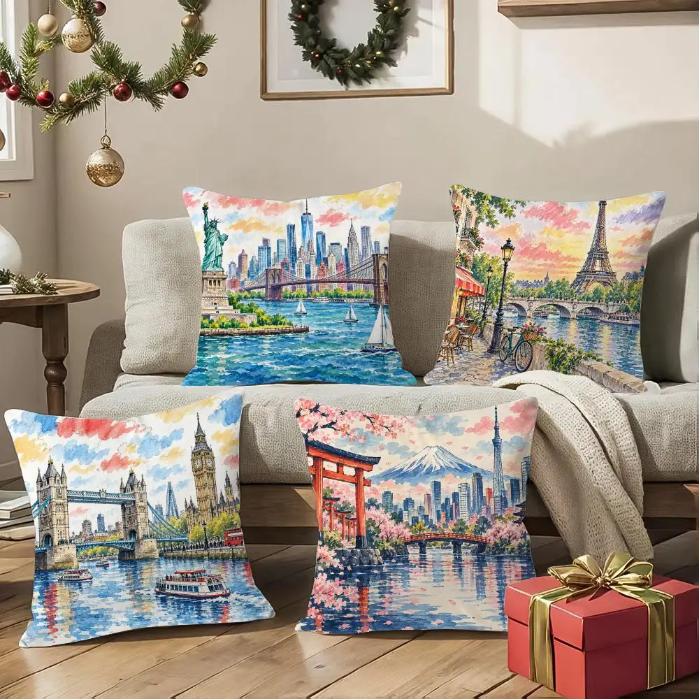 Vintage World Landmarks Art Cushion Cover 1/4Pcs Soft Plush Throw Pillow Cover Double-Sided Print Sofa Living Room Decor