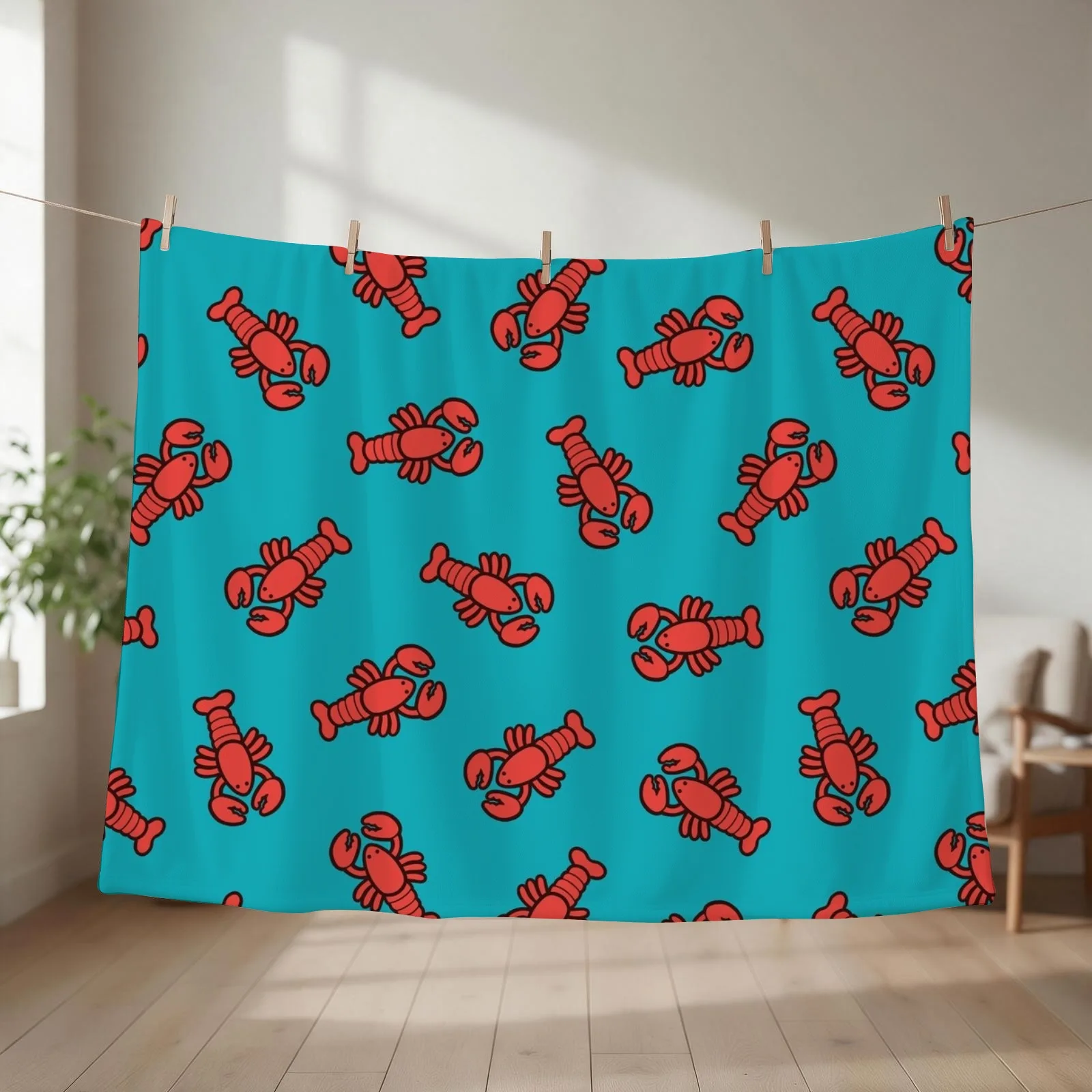 New Lobsters Pattern on Turquoise Blue Throw Blanket