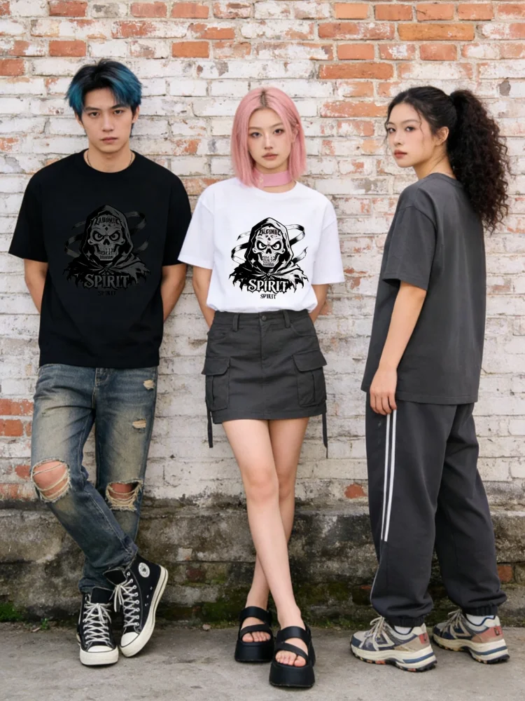 ZAZOMDE Japanese Harajuku Punk Style Grim Reaper Print Cotton Short Sleeve Tshirt Loose Fit Aesthetic Tee For Y2K Fashion 2025