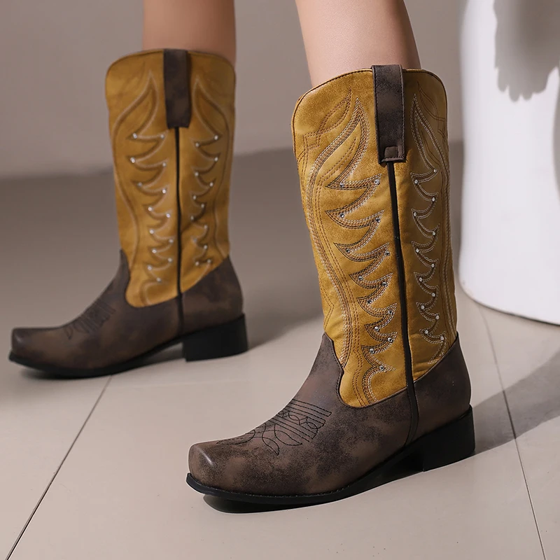 Cowboy Embroider Western Boots Women's Mid Calf Boots Crystal Decor Retro Shoes Patchwork Mixed Colours Comfy Chunky Med Heels