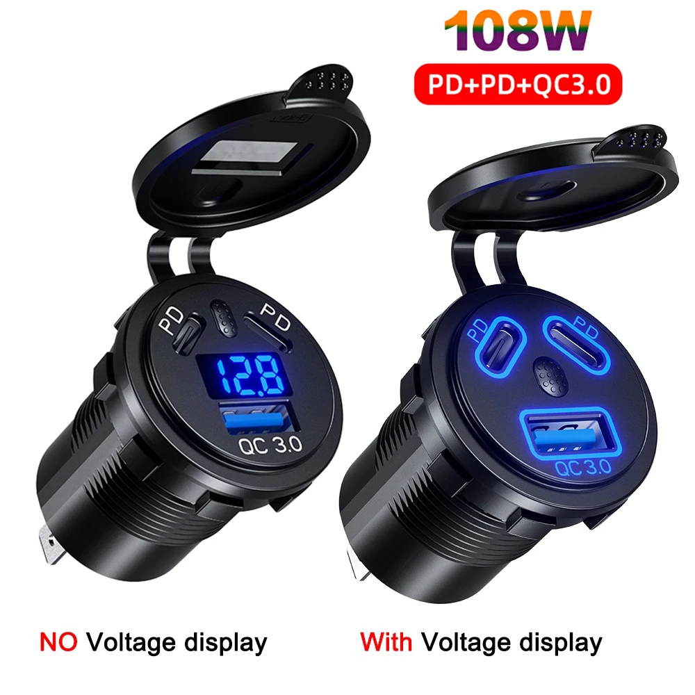 12V/24V USB Outlet 108W 3 Port Dual PD 45W USB C Car Charger Socket and Quick Charge 3.0 USB Charger with Voltmeter Power Switch