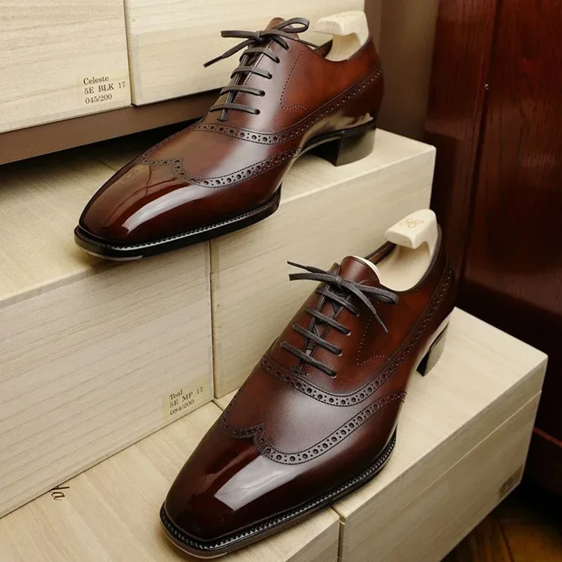 Brogue Shoes Brown Business Men Shoes Pu  Lace-up  Breathable  Mocasines Fashion Dress Shoes