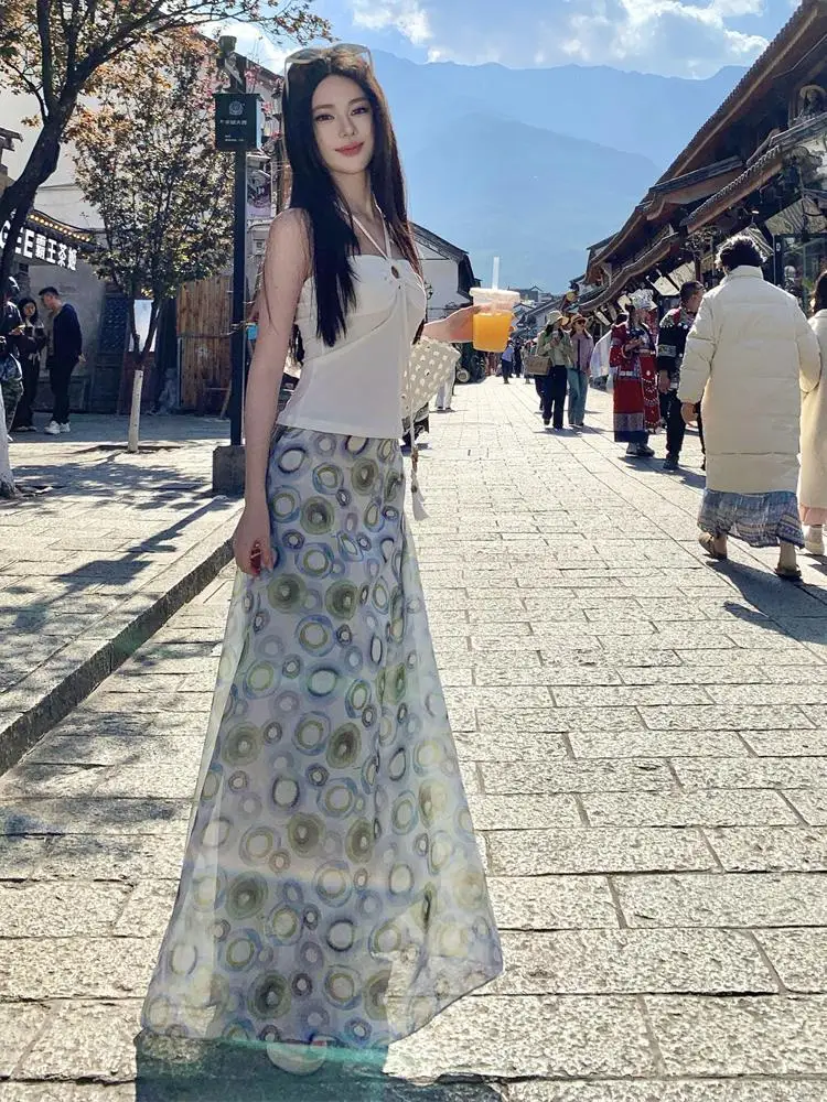 

Summer White Elegant Off Shoulder Backless Halter Top And High Waist Print Pleated Long Skirts Women Beach Holiday Two Piece Set