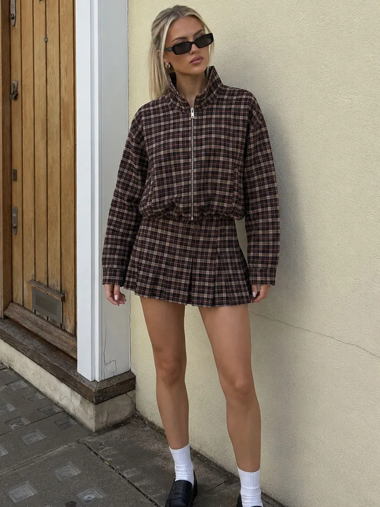 HH Autumn Casual Women's Plaid Jacket Skirt Set 2026 Vintage Checkered Zip-Up Drawstring Coat+Pleated Mini Shorts Skirt Suit
