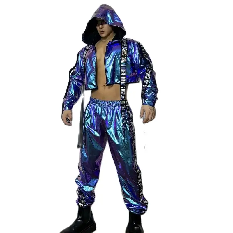 Colorful Laser Hoodies Coat Pants Men Hip Hop Clothing Bar Ds Dj Gogo Dancer Costumes Stage Performance Rave Outfits XS8089