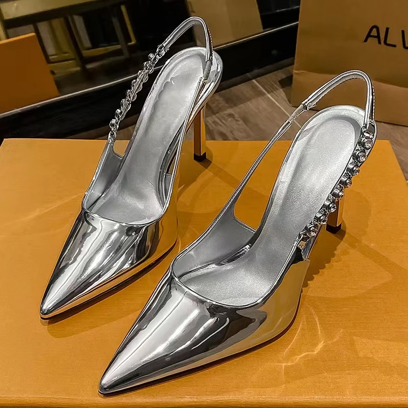 Błyszczące buty na wysokim obcasie Slingback Silver Women Pumps Metallic Crystal Sandals Pointy Toe Stiletto Heeled Shoes Party Dress Shoes Woman