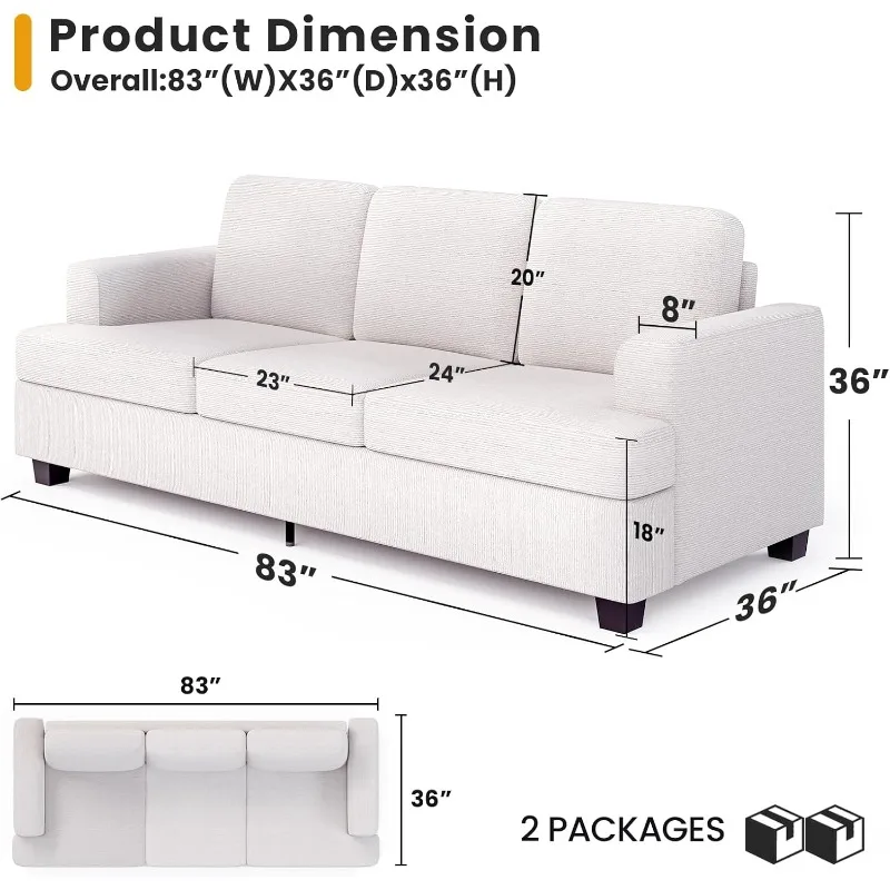 3 Seater Couch for Living Room, Modern Couch with Removable Cover, Deep Seat Sofa, Comfy Cloud Couch with Firm Structure