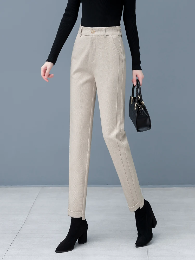 

Утепленные флисовые женские повседневные шерстяные брюки-харланы с высокой талией, прямые, зауженные, осенне-зимние, новый стиль, брюки-костюм