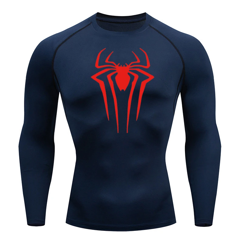 Spider Print Long Sleeve Compression Shirts for Men Gym Workout Rash Guard Undershirts Baselayers Athletic Quick Dry Tees Tops