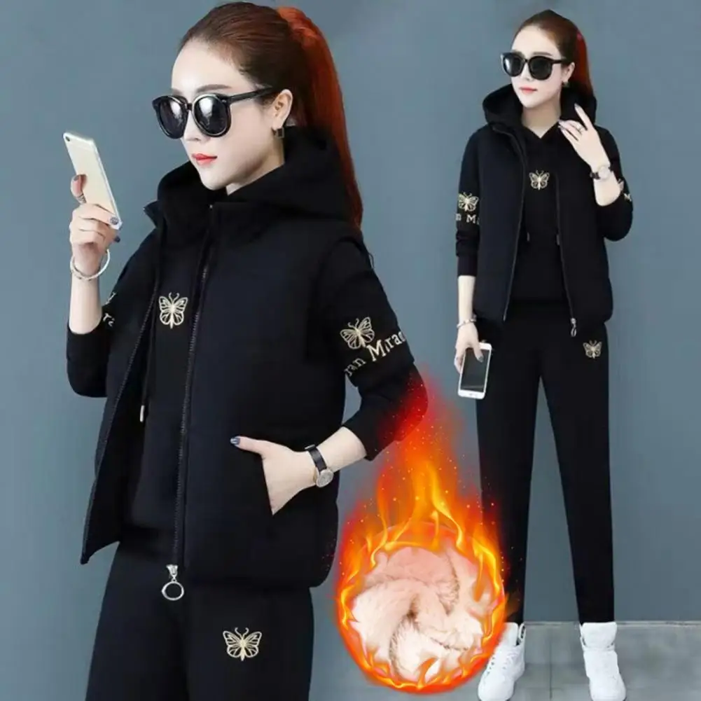 2026 3 Pcs/Set Women Waistcoat Hoodie Pants Set Zip-up Padded Coat Embroidery Hooded Long Sleeves Top Elastic Waist Trousers Win