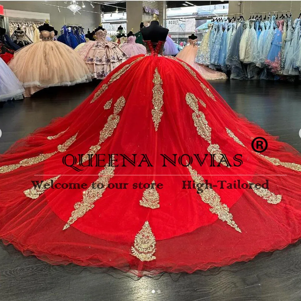 Princess Ball Gown Quinceanera Dresses Tailored Sweet 16 Strapless Gold Appliques Vestidos De 15 Quinceañera Beads Lace Dress