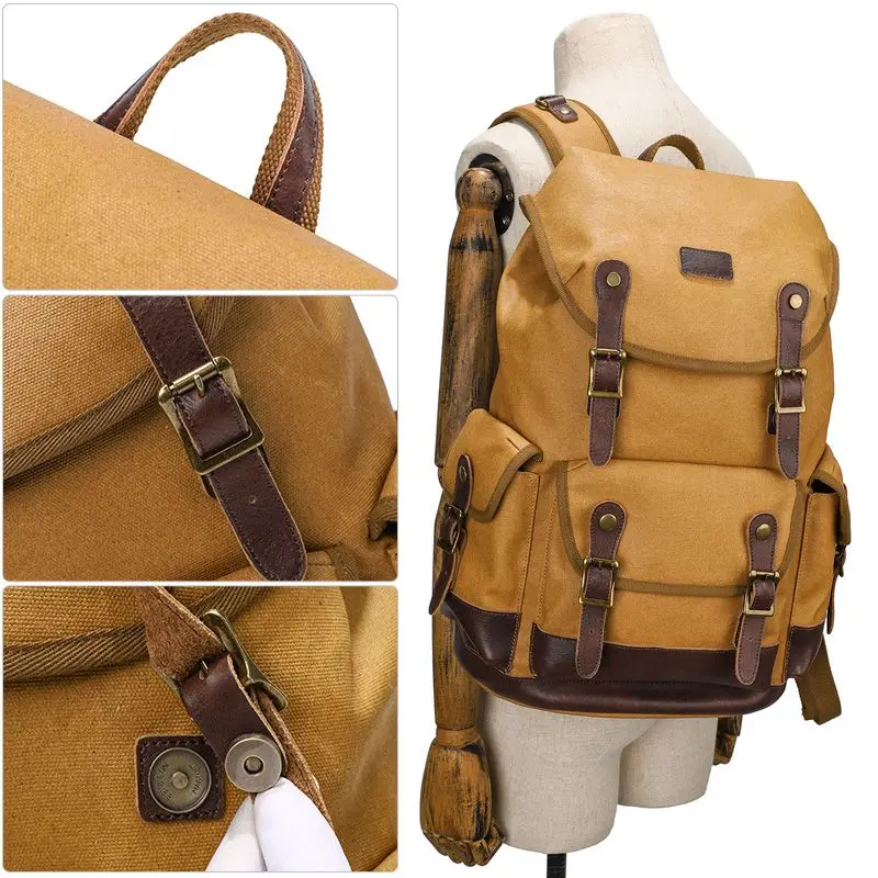 Casual Canvas Backpack Men's Backpack Vintage Top Layer Cowhide Outdoor Travel Waterproof Backpack