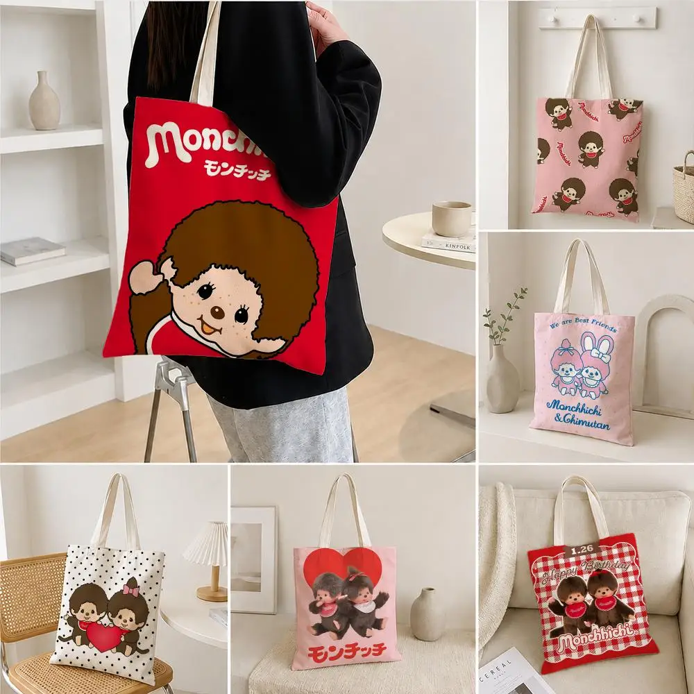 Character Monchhichi Storage Bags Polyester Canvas Foldable Tote Bag Lightweight Reusable Shopping Shoulder Bag