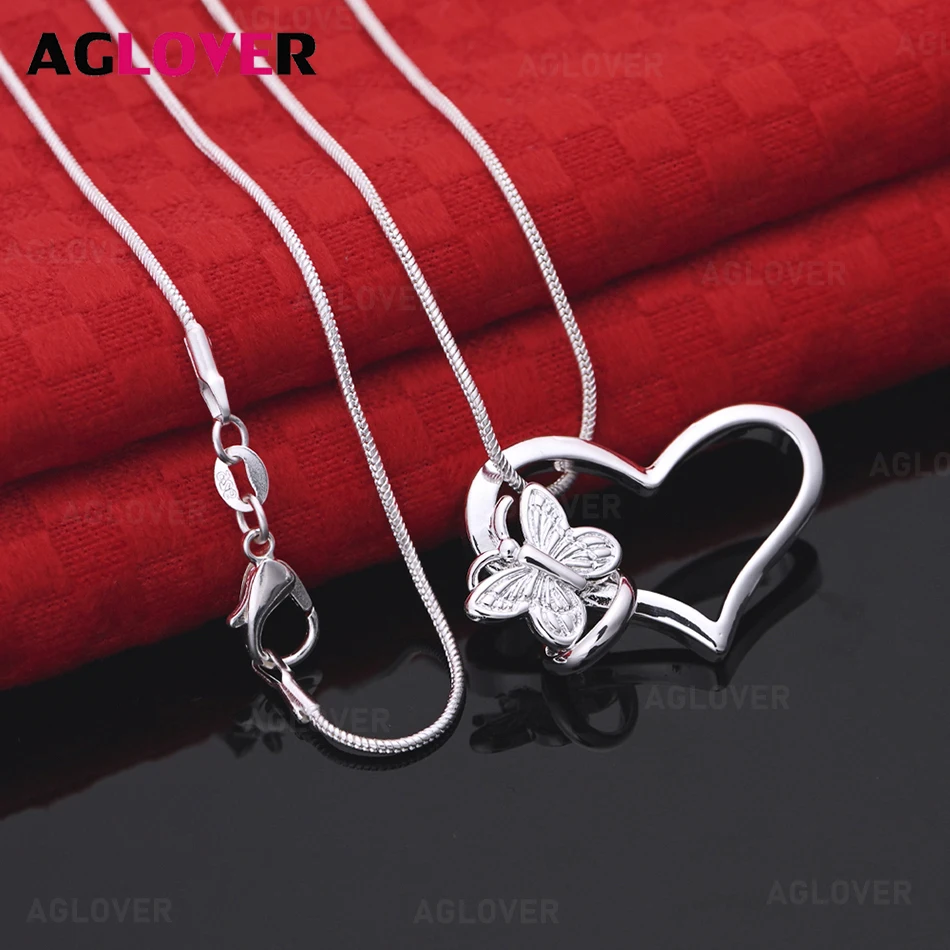 

AGLOVER 925 Sterling Silver Heart Butterfly Pendant Necklace Elegant and Noble Women's Jewelry Christmas Gift Accessories