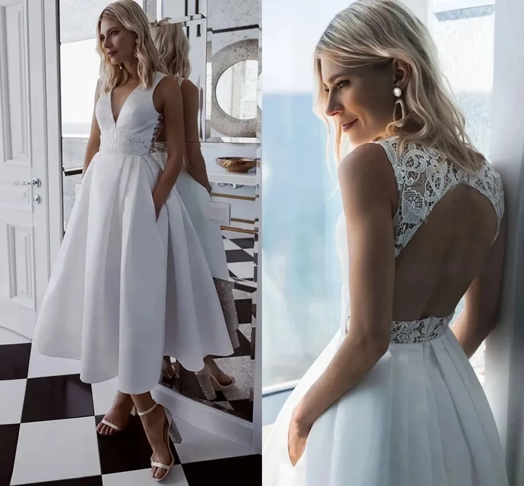 New Elegant Short Wedding dress V-neck Vintage Tea Long Wedding dress Backless A-line Beach Bridal dress Vestido Novia robe