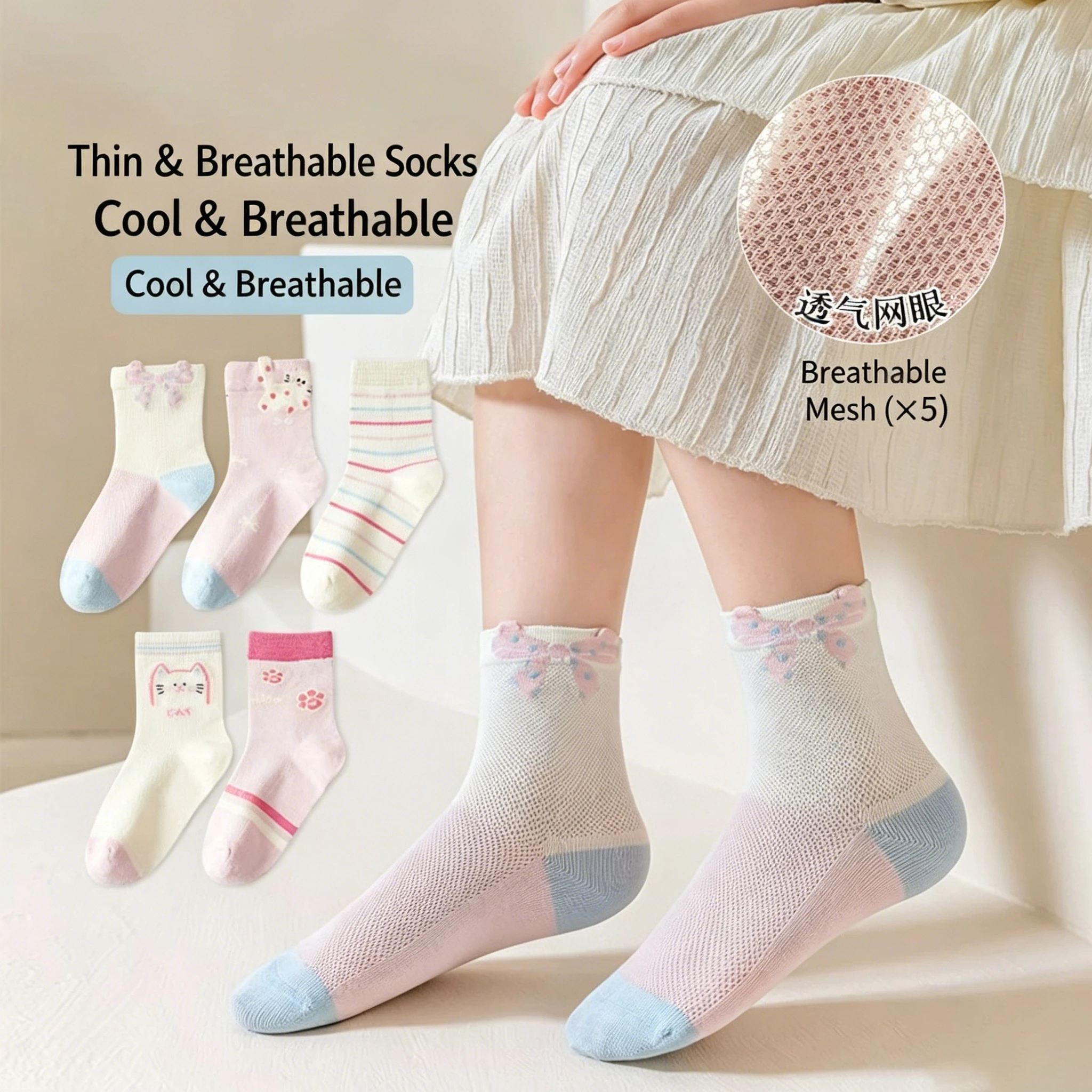 5 Pairs Kids Girls Summer Mesh Socks, Cute Cat Bow Print Thin Breathable Soft Children Mid‑Calf Socks for 1‑14 Years Old
