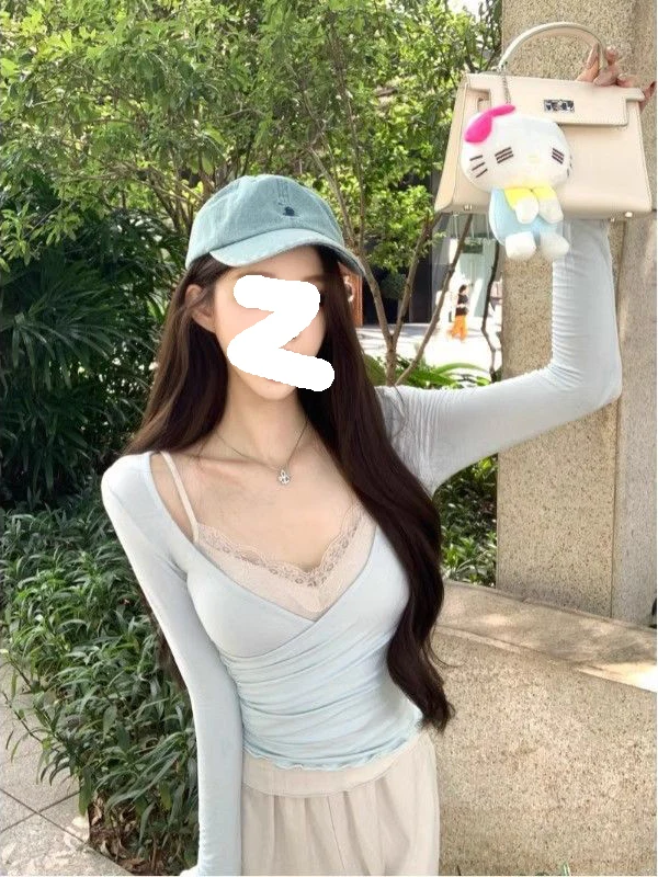Fashionable Long Sleeve T-Shirt And Tank Top Set Pure Color Commute Style Women's Clothing Korean Version Slim Fit V-Neck Tee