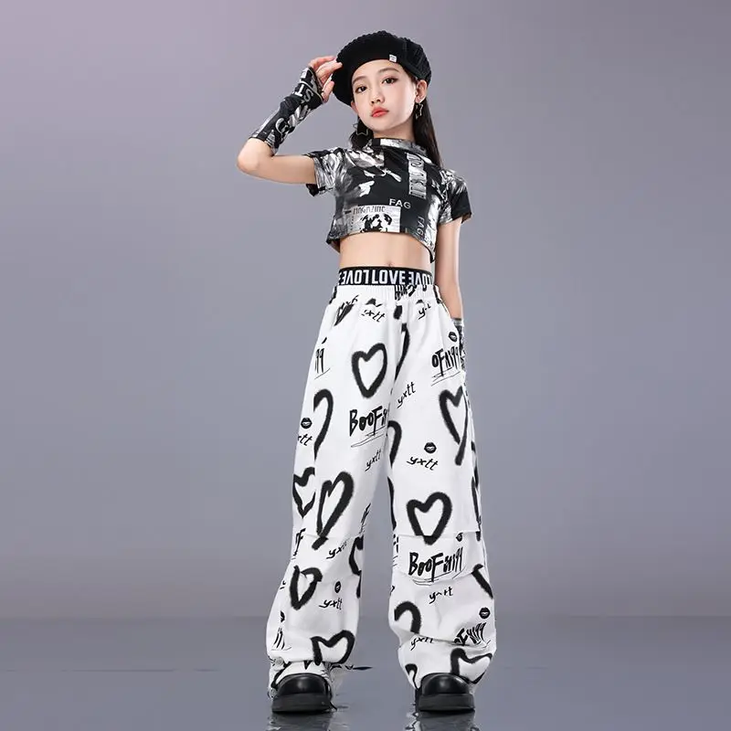 Kids Hip Hop Cool Crop Top Street Dance Love Pants for Girls Streetwear Kids Jazz Cheerleader Costumes Teen Stage Clothes Sets