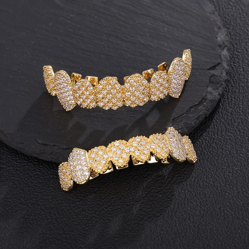 D&Z New Bling Cubic Zircon Teeth Grillz Set For Unisex Top Bottom Mouth Gold Silver Color Removable Dental Fashion Jewelry