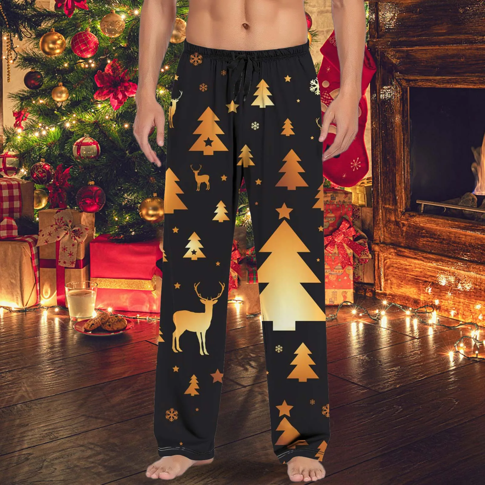 Fashionable Christmas Printing Pants For Men Drawstring Elastic Waisted Loose Fitting Casual Christmas Pants With Pockets