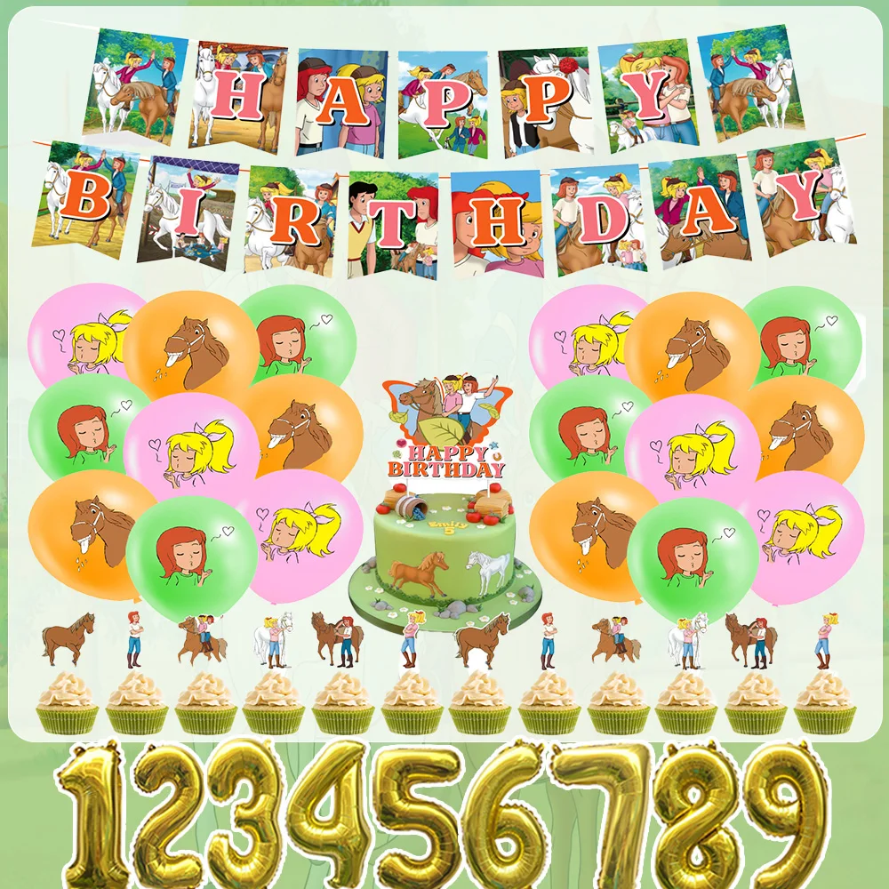 Cartoon Bibi und Tina Geburtstagsparty Deko-Set Happy Birthday Tier-Banner Ballon Tortendekoration Kinder Mädchen Geburtstagsparty Zubehör