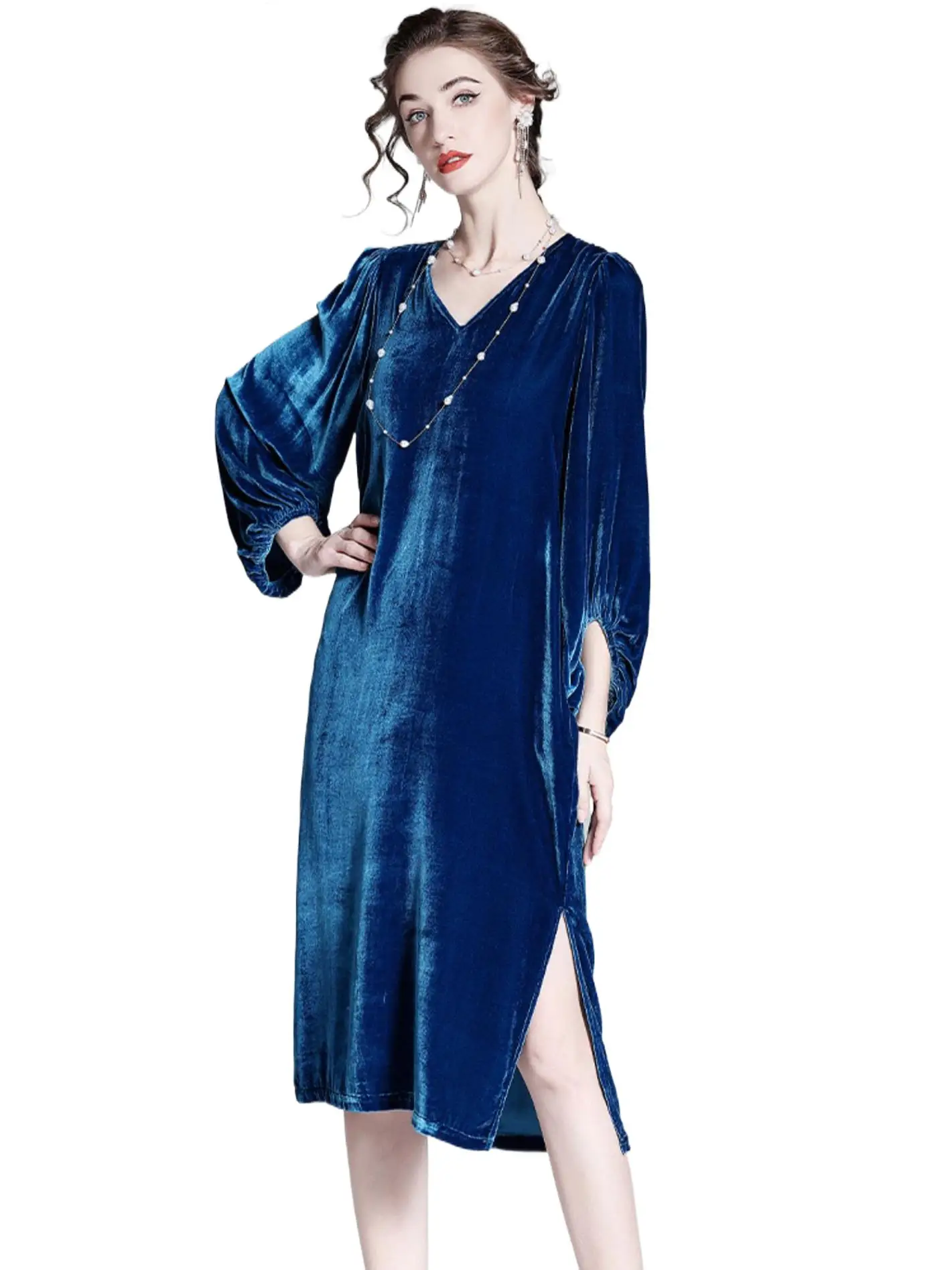 2023 Autumn Women Fashion Elegant velour Dress Winter sexy V-neck Split Lantern Sleeve Dress plus size vintage velvet Dress