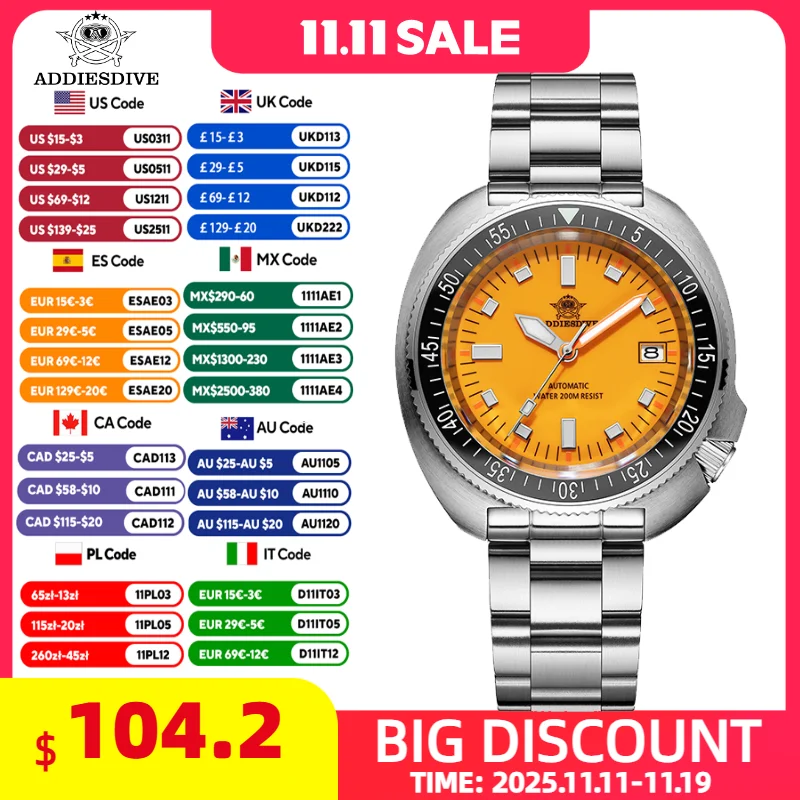 

ADDIESDIVE Men's Automation Watch Sapphire Glass 200m Waterproof Super Luminous Wristwatch Luxury Stainless Steel Dive Man Watch