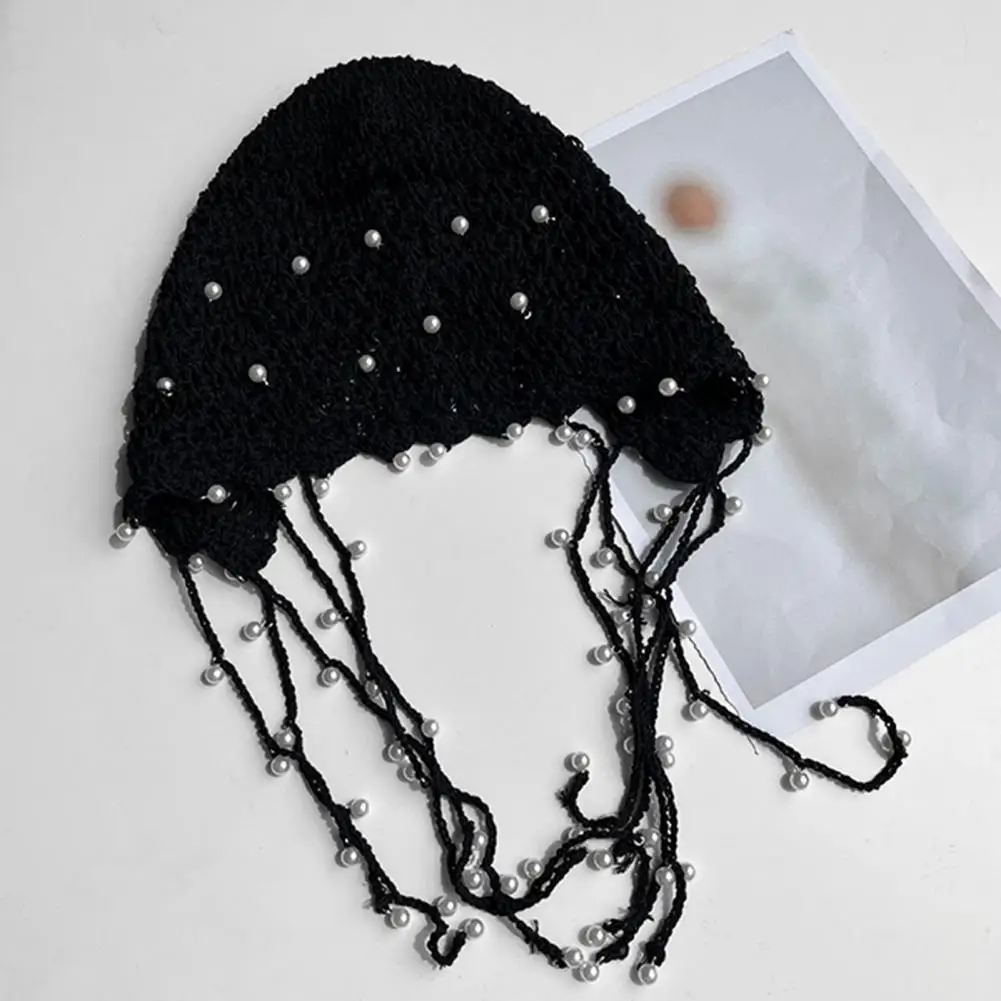 Women Crochet Hat Solid Color Ethnic Style Knitted Hat with Tassel Trim Lace-up Handmade Crochet Hat