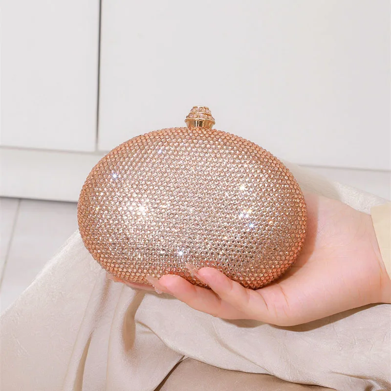 Female Oval Shaped Diamond Evening Bags Lady Hollow-out Metalic Handbags Pearl Wedding Party Clutches Gold Crystal Purse