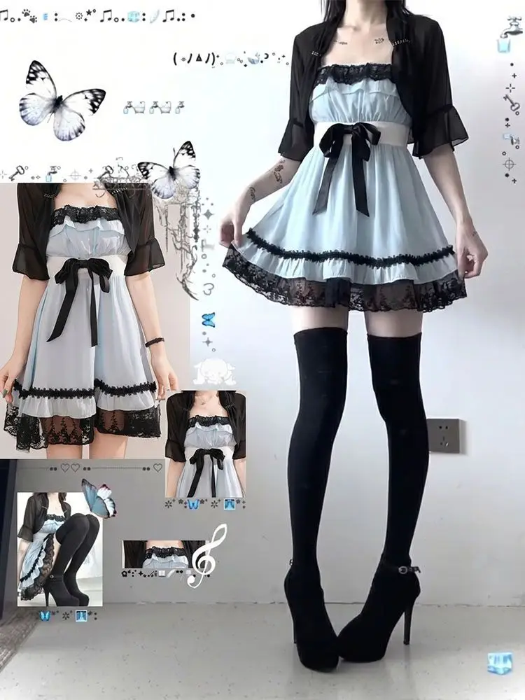 Lolita Zweiteiliges Set mit Schnür-Cami-Kleid + Schwarzer Transparenter Netz-Cardigan mit Kurzen Ärmeln für Damen Vintage Harajuku Subkultur Kawaii Kleid