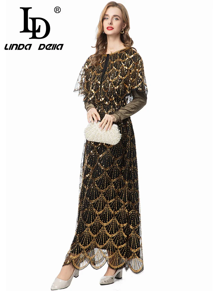 LD LINDA DELL مسمار حبة الترتر بأكمام طويلة الرجعية مأدبة عشاء فستان أسود المرأة الخريف والشتاء فستان عصري #5