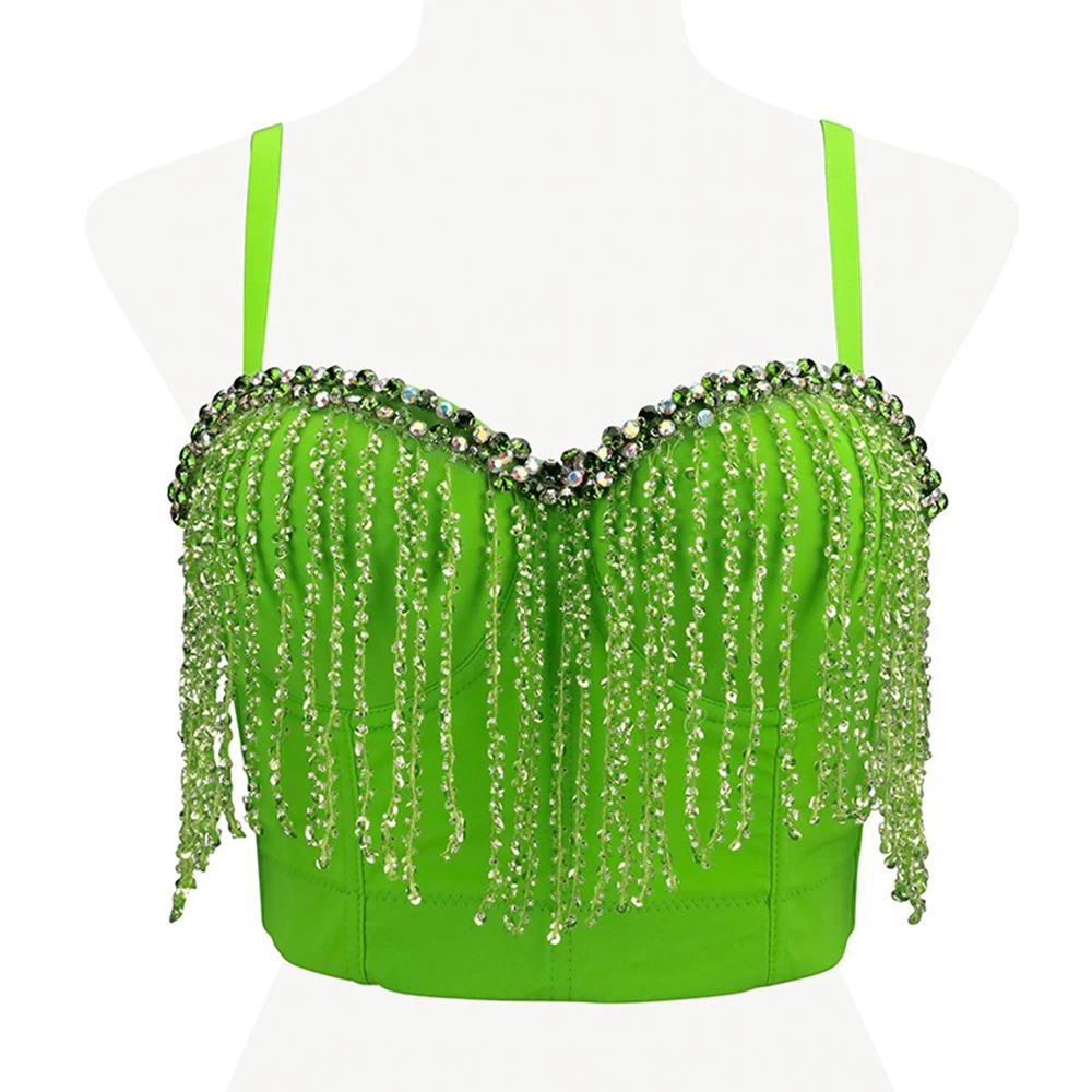 

IRENE TINNIE Sexy Low Cut Backless Diamond Embellished Tank Top Women's Fashion Green Short Vest European And American T-Shirt