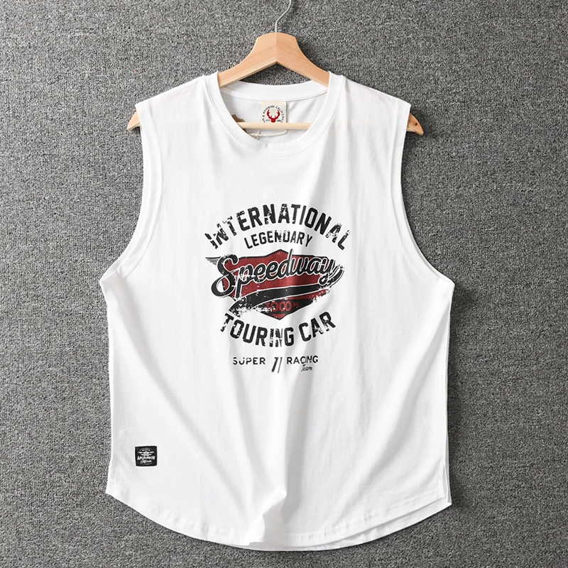 Summer New American Retro Sleeveless O-neck Letter Printed T-shirt Men\'s Fashion 100% Cotton Washed Old Casual Sports Vest Tops