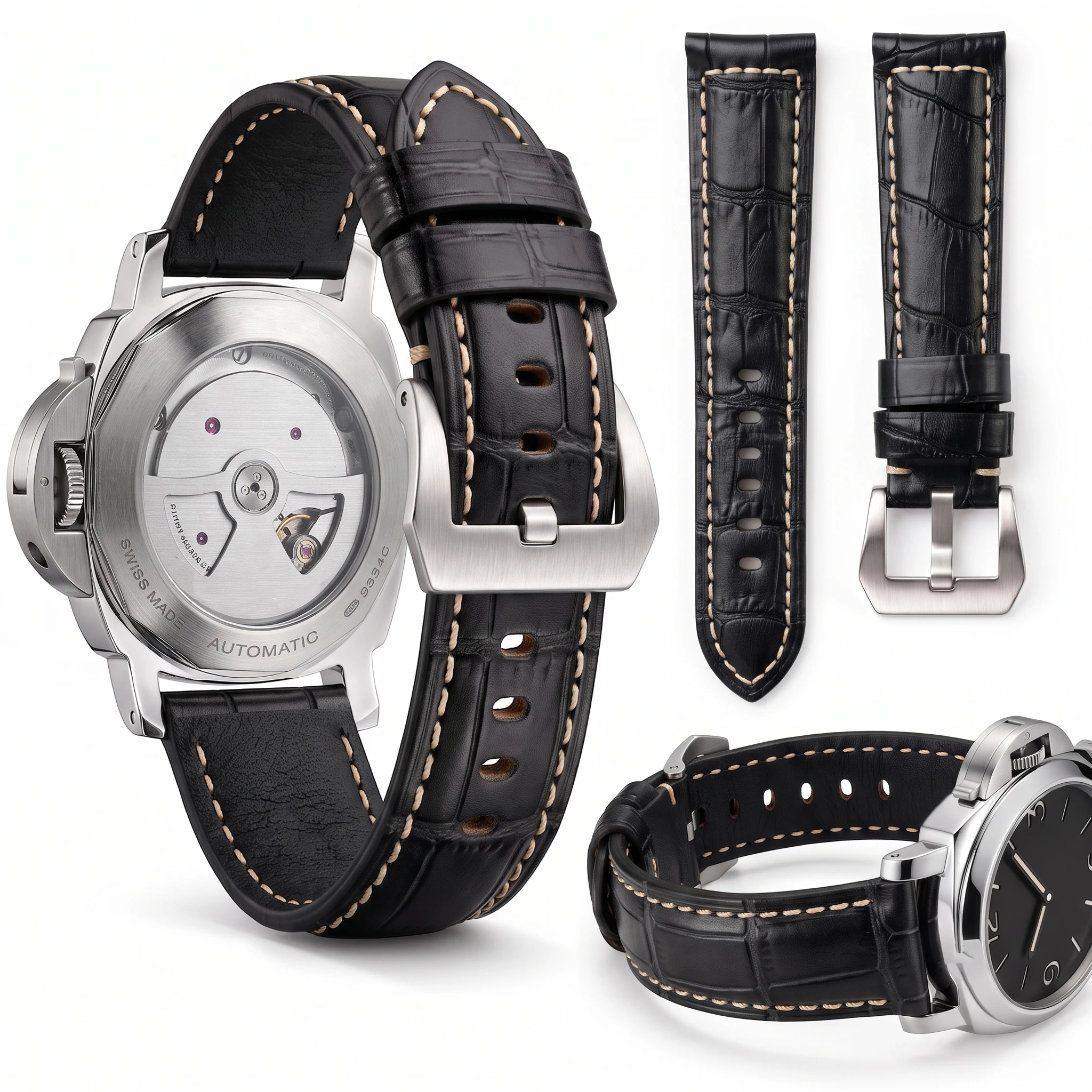 Top Grain Leather Watchband 20mm 22mm 24mm Alligator Grain Thick Strap Compatible with Panerai Bracelet Correa