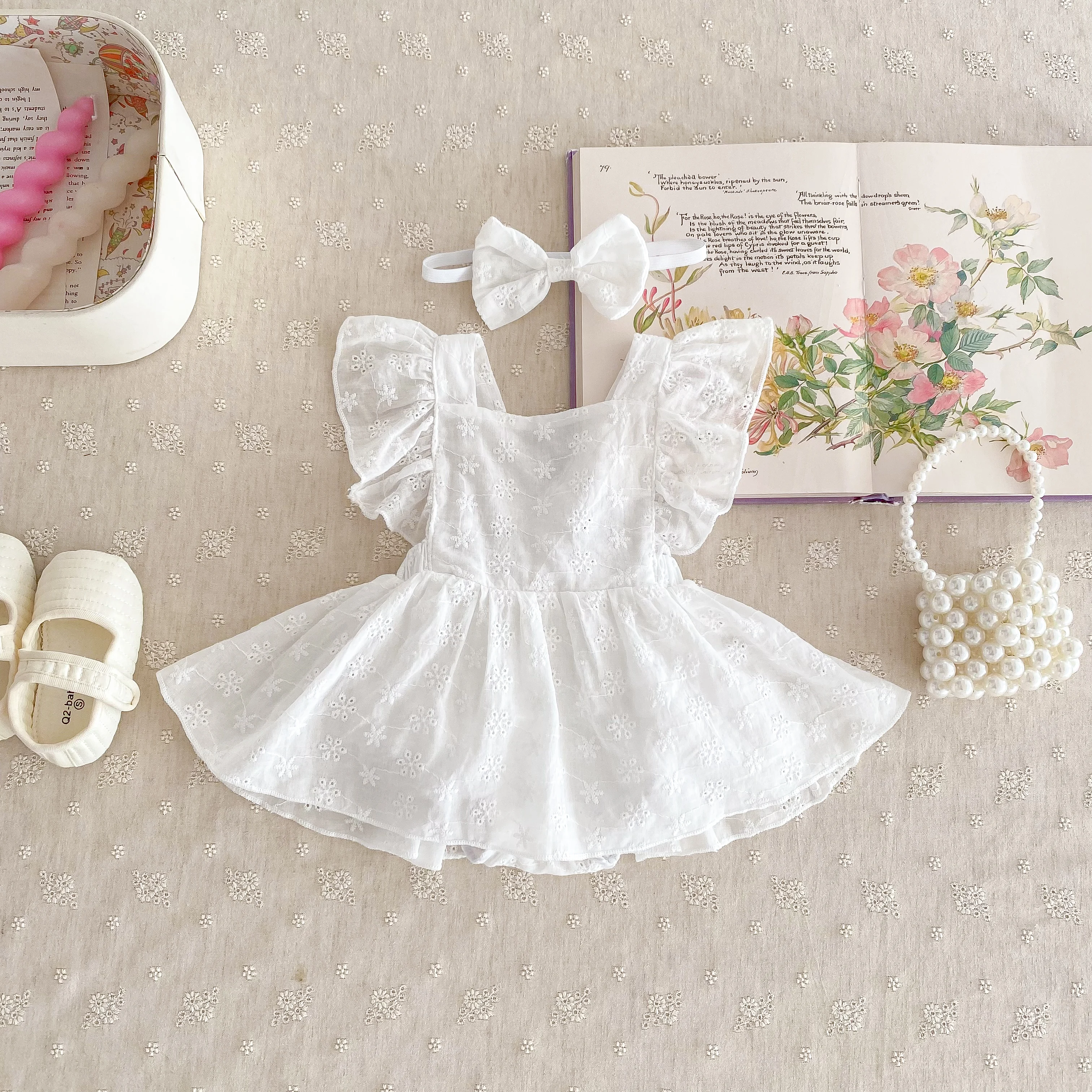 Newborn Baby Girl Princess Jumpsuit Cute Lace sleeves Dress Jumpsuit Set + Bow Hairpin Baby Girl Lovely 2PCS