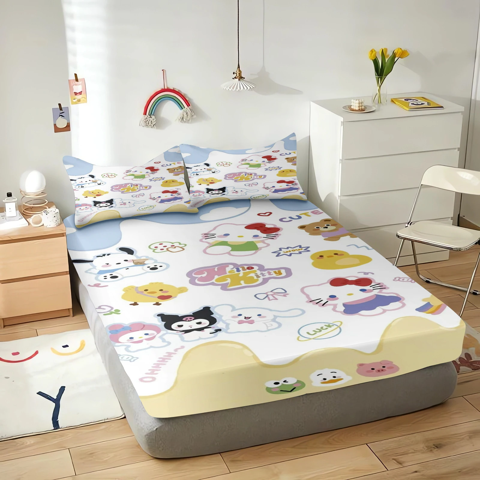 Sanrio Polyester Fitted Sheet Cartoon Children Polyester Coverage Elastic Digital Printing Teenager Bedding Various Patterns