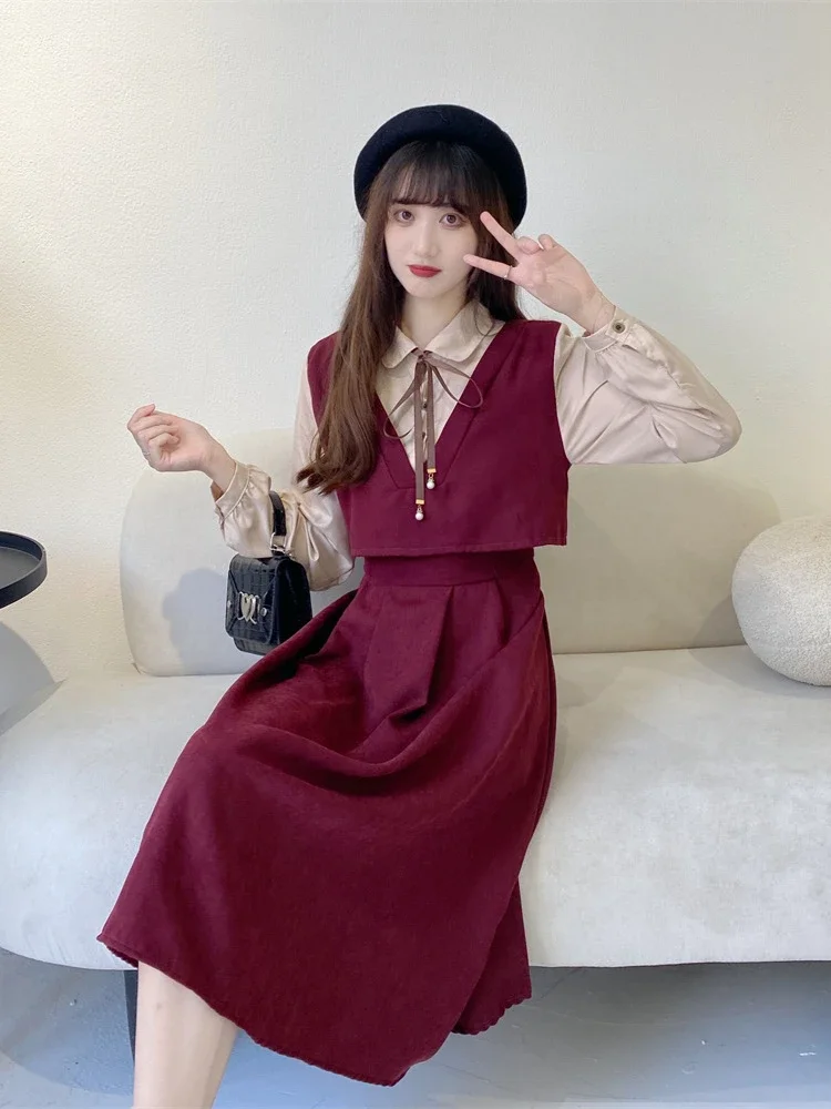Vestidos de veludo vintage femininos preppy falsos duas peças reduzindo a idade outono moda coreana rendas roupas estéticas diariamente ins