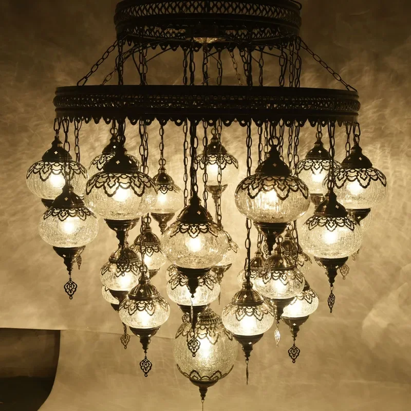 Vintage Euro American Crackle Glass Chandelier 27 Light Adjustable Pendant for Hotel Restaurant Exhibition Hall Holiday Decor